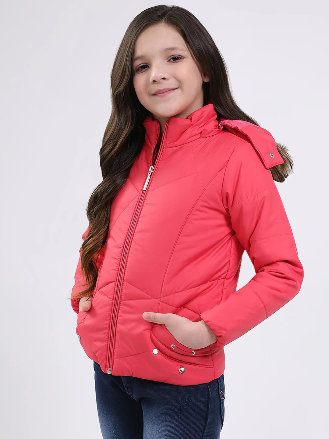 Girls Pink Solid Hooded Full Sleeve Jacket - Image 3