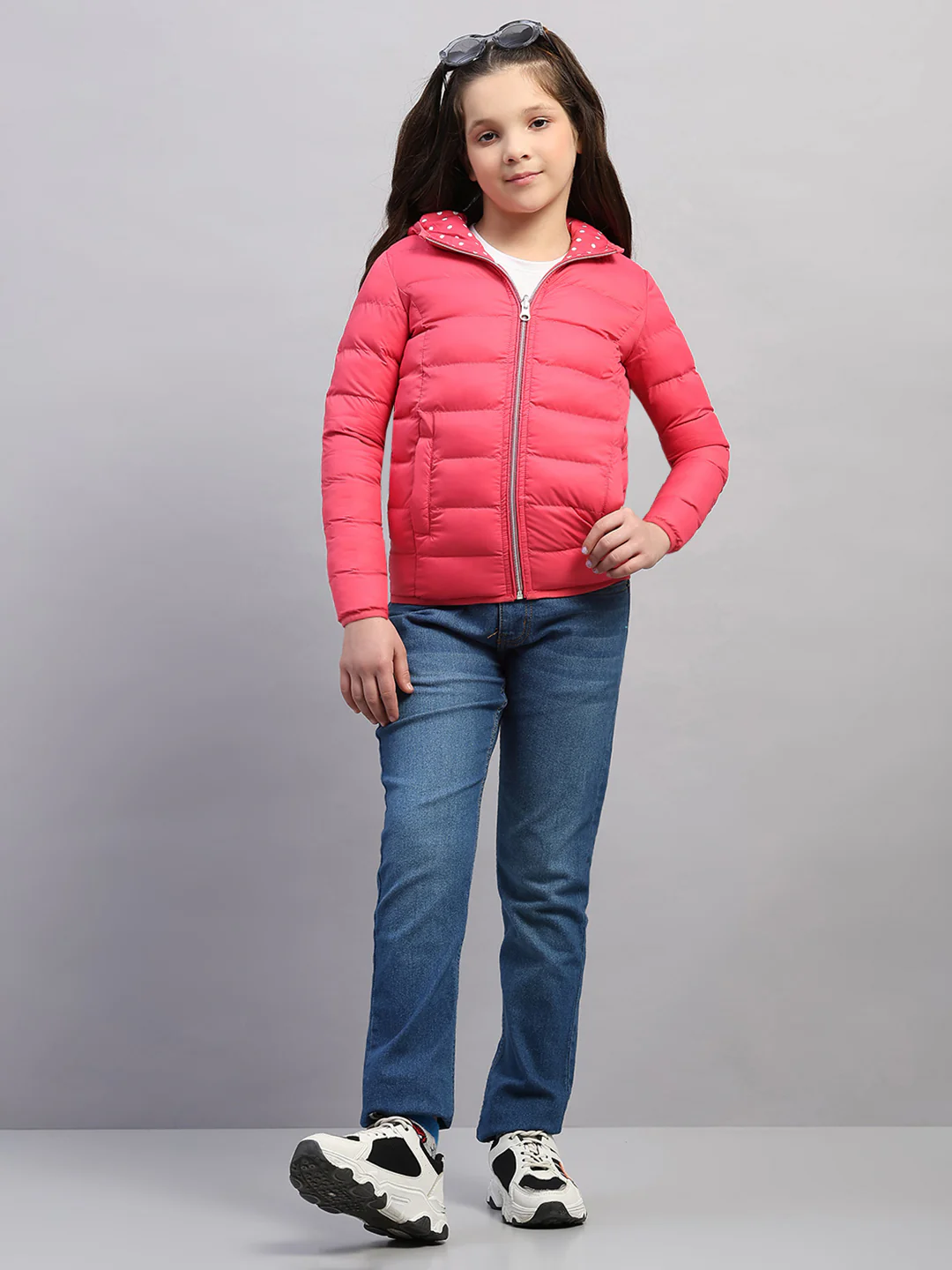Girls Pink Solid Hooded Full Sleeve Reversible Jacket - Image 2