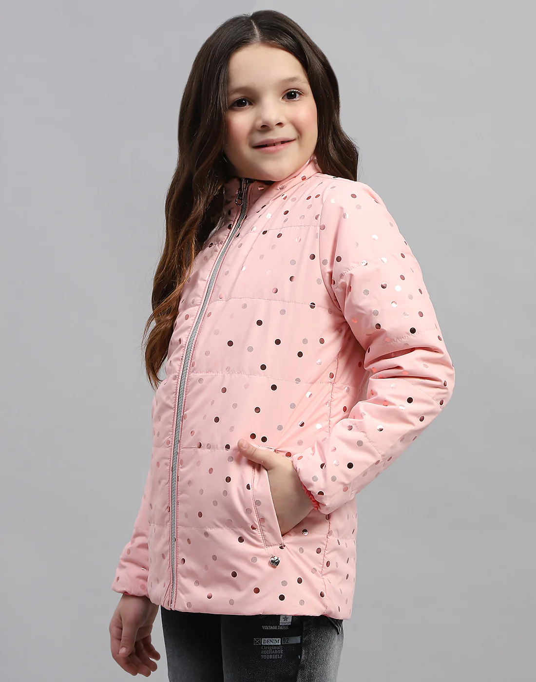 Girls Pink Solid Mock Neck Full Sleeve Jacket - Image 3