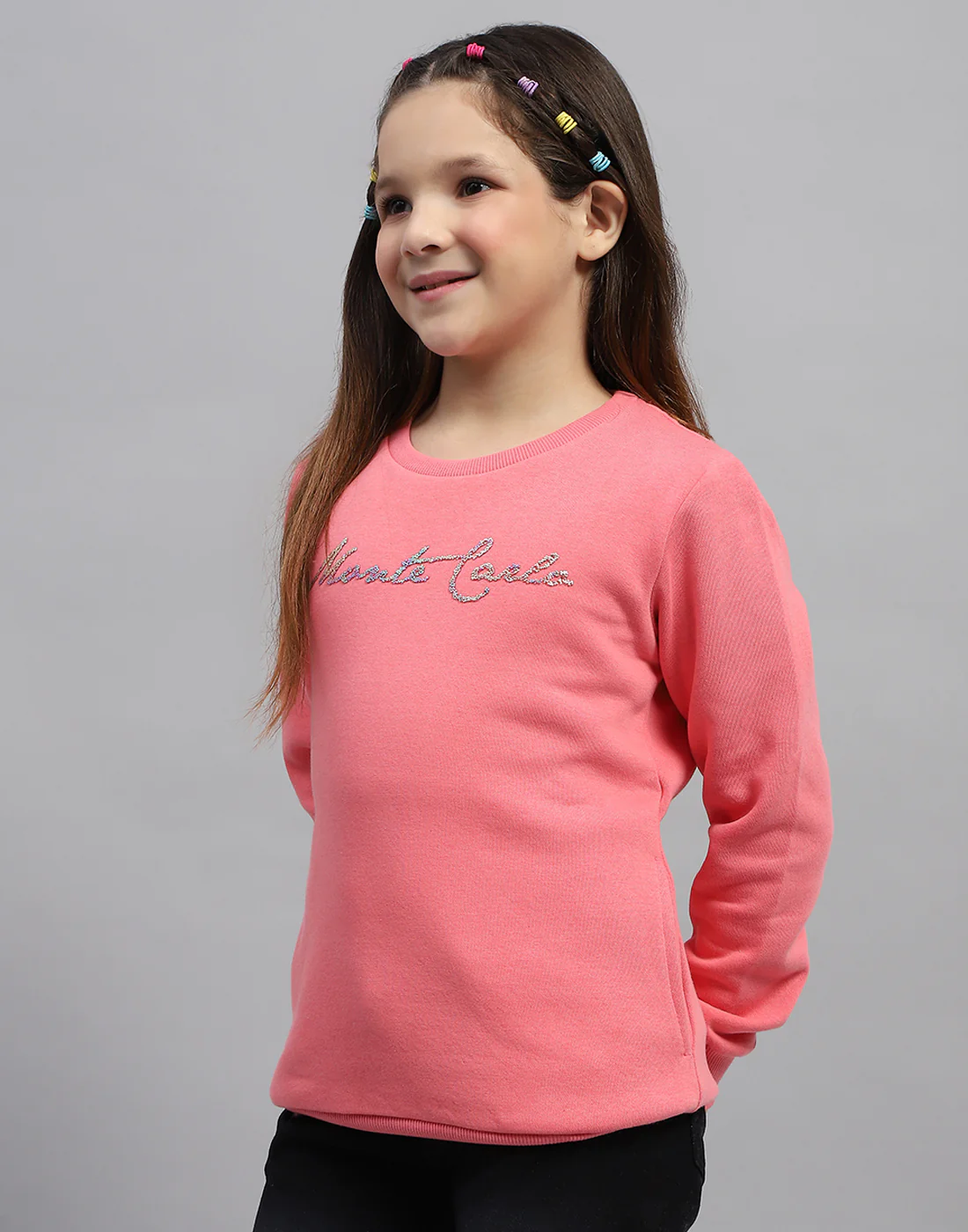 Girls Pink Solid Round Neck Full Sleeve Sweatshirt - Image 3