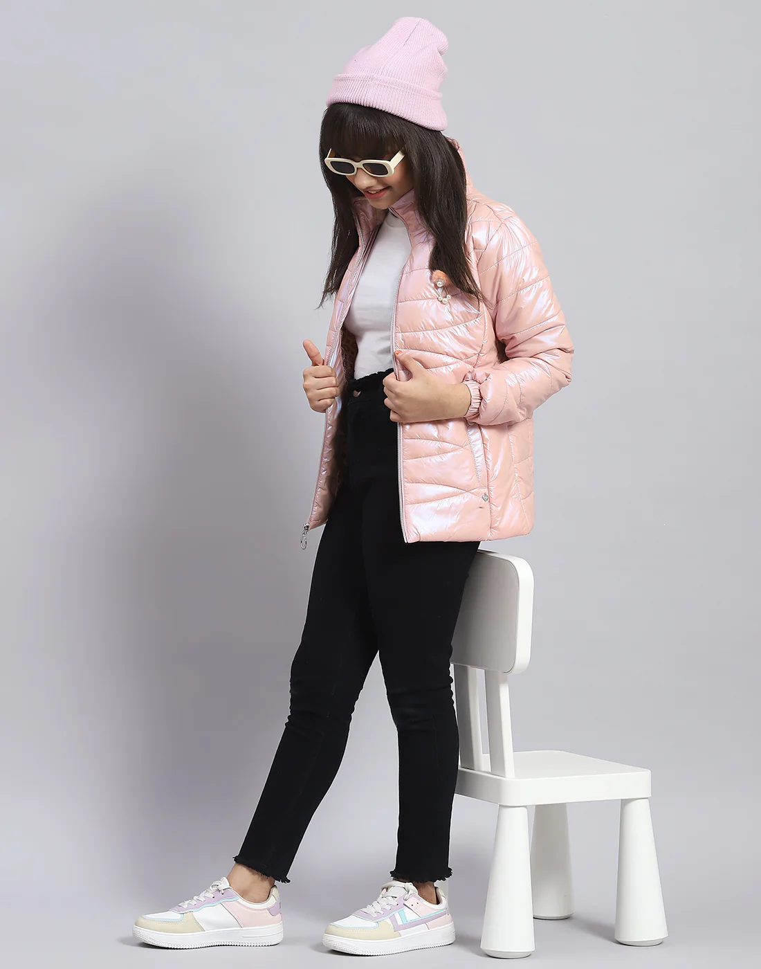 Girls Pink Solid Stand Collar Full Sleeve Girls Jacket - Image 2