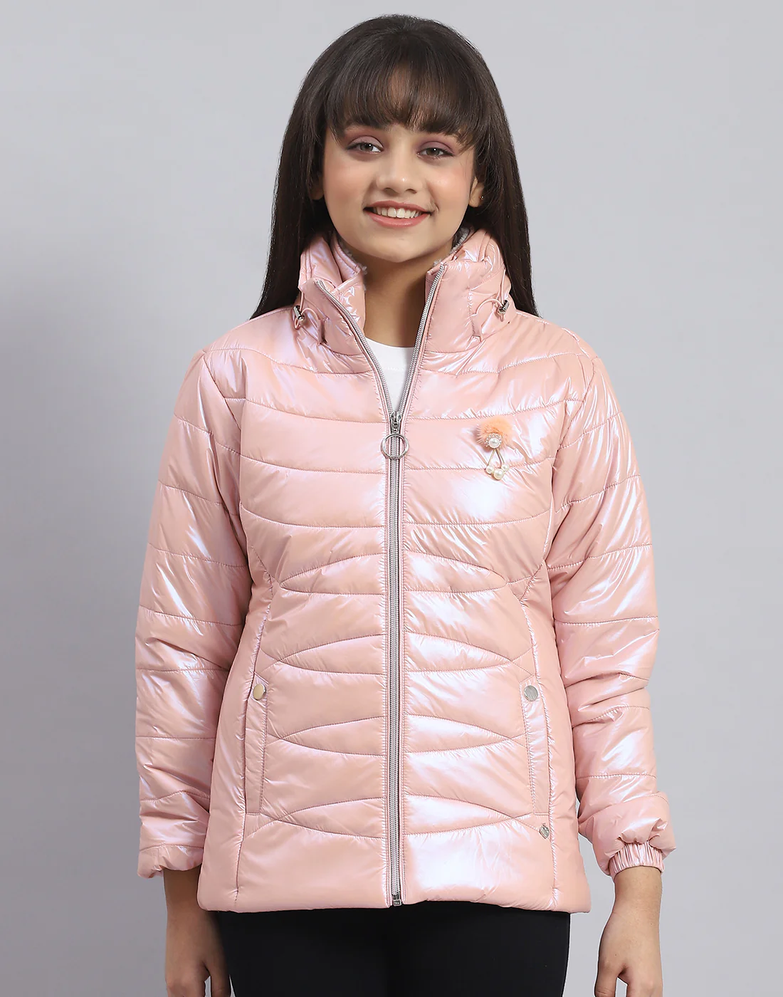 Girls Pink Solid Stand Collar Full Sleeve Girls Jacket - Image 3