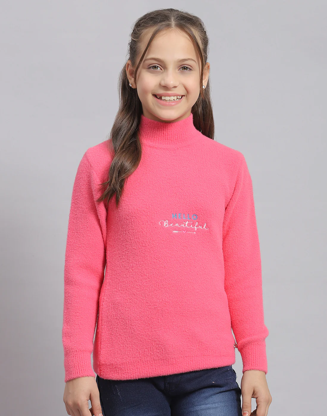 Girls Pink Solid T Neck Full Sleeve Sweater - Image 3