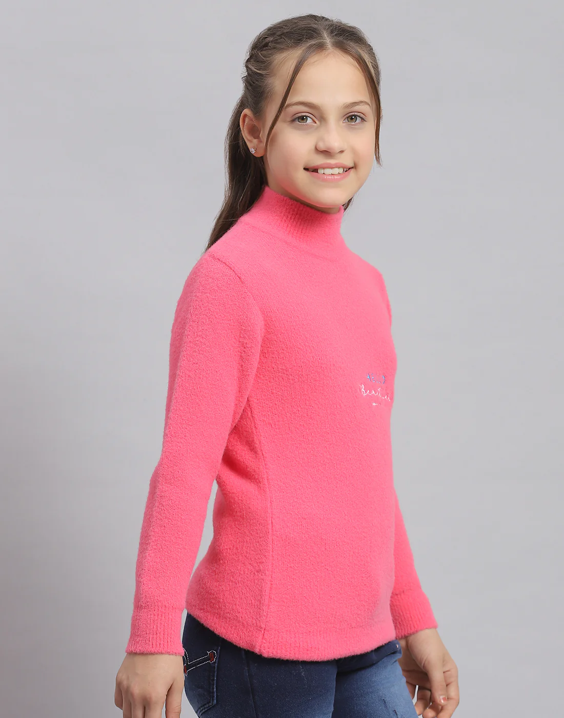 Girls Pink Solid T Neck Full Sleeve Sweater - Image 4