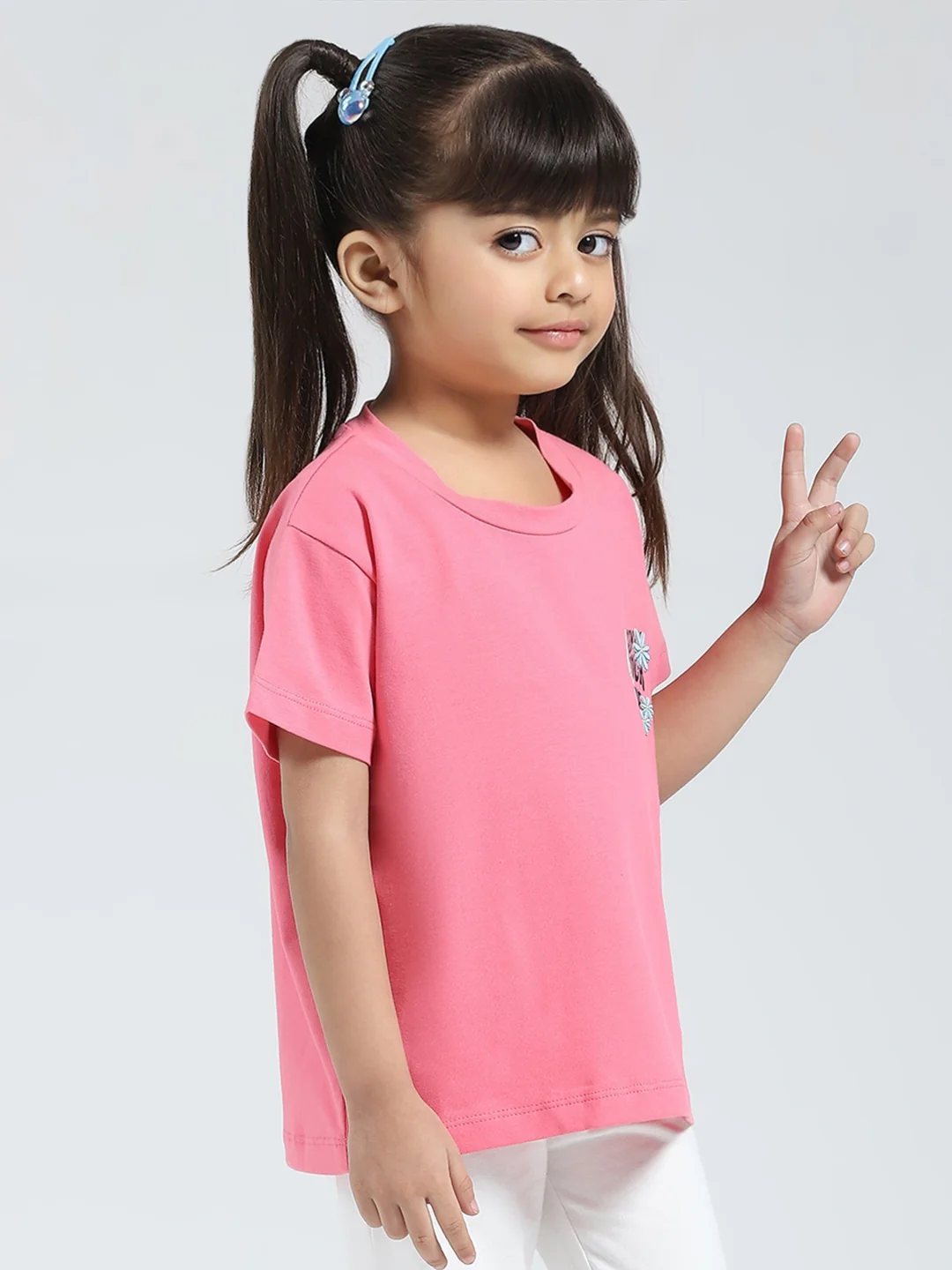 Girls Pink Solid Round Neck Half Sleeve Top - Image 4
