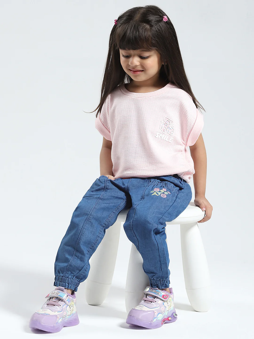 Girls Pink Solid Round Neck Half Sleeve Top - Image 2