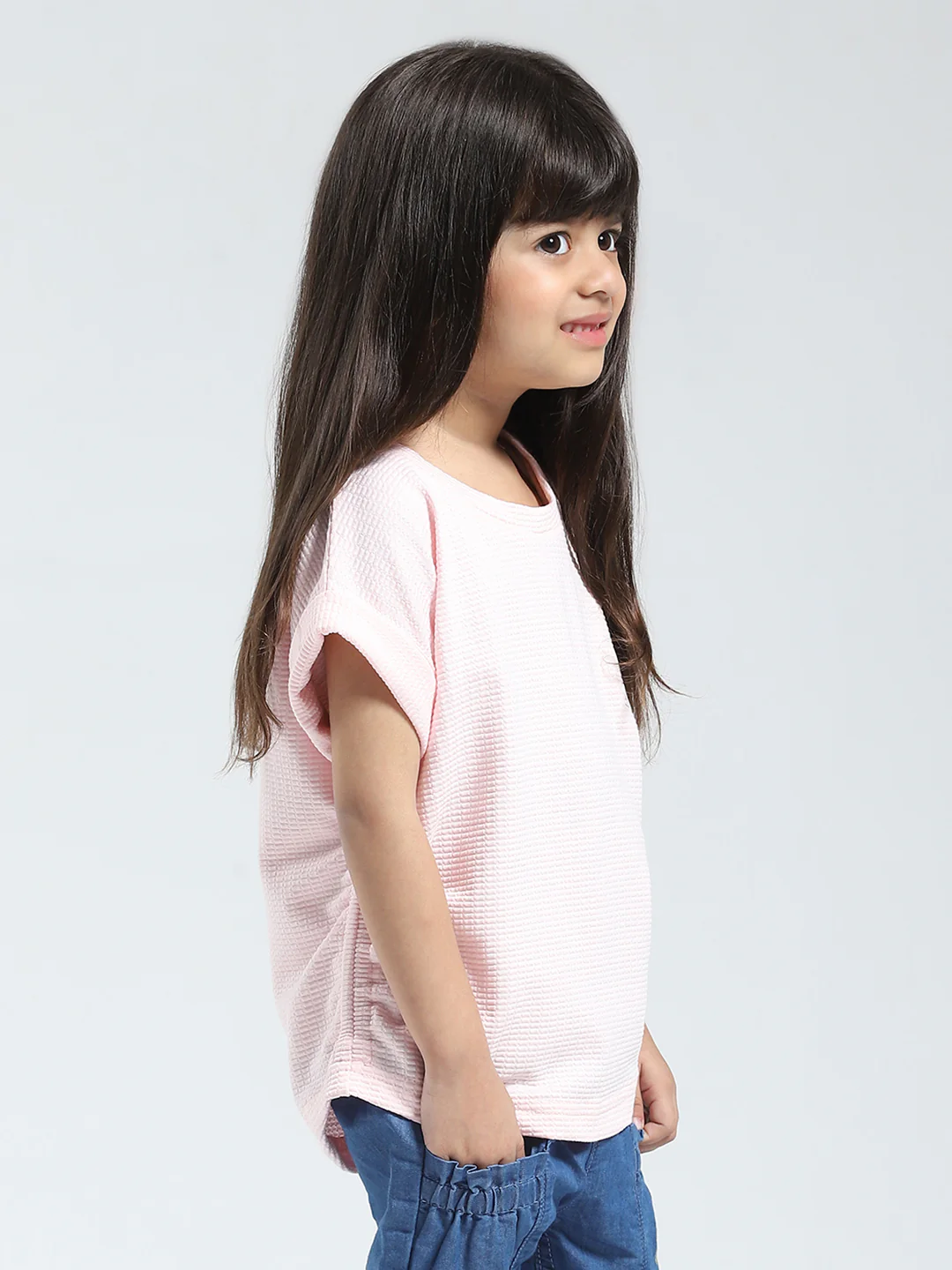 Girls Pink Solid Round Neck Half Sleeve Top - Image 4