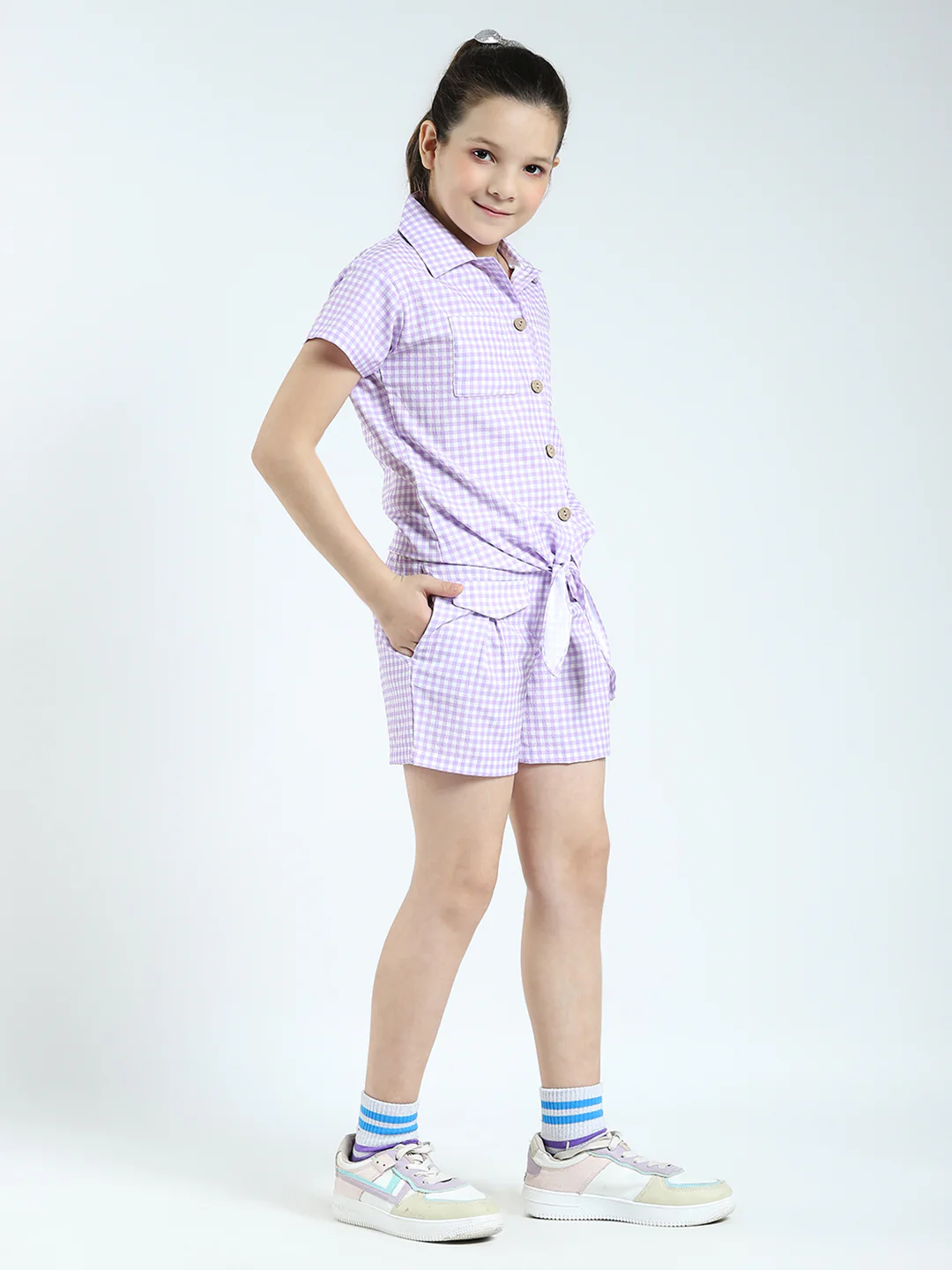 Girls Purple Check Collar Half Sleeve Cords Set - Image 4