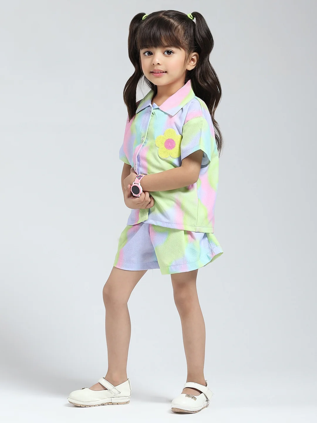Girls Purple Printed Collar Half Sleeve Cords Set - Image 4