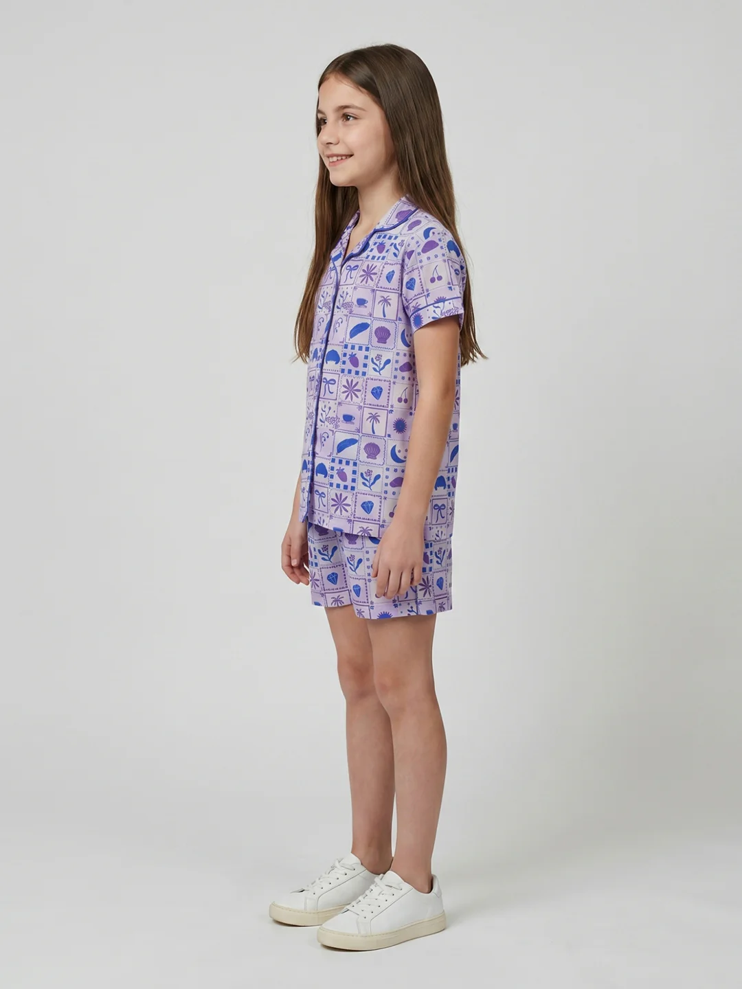 Girls Purple Printed Collar Half Sleeve Shorts Set - Image 3