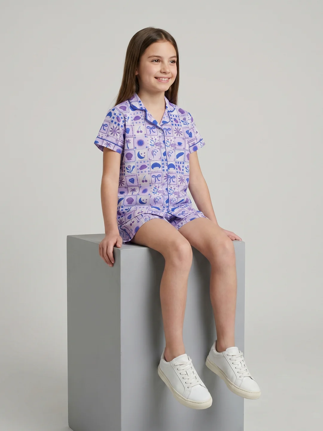 Girls Purple Printed Collar Half Sleeve Shorts Set - Image 5
