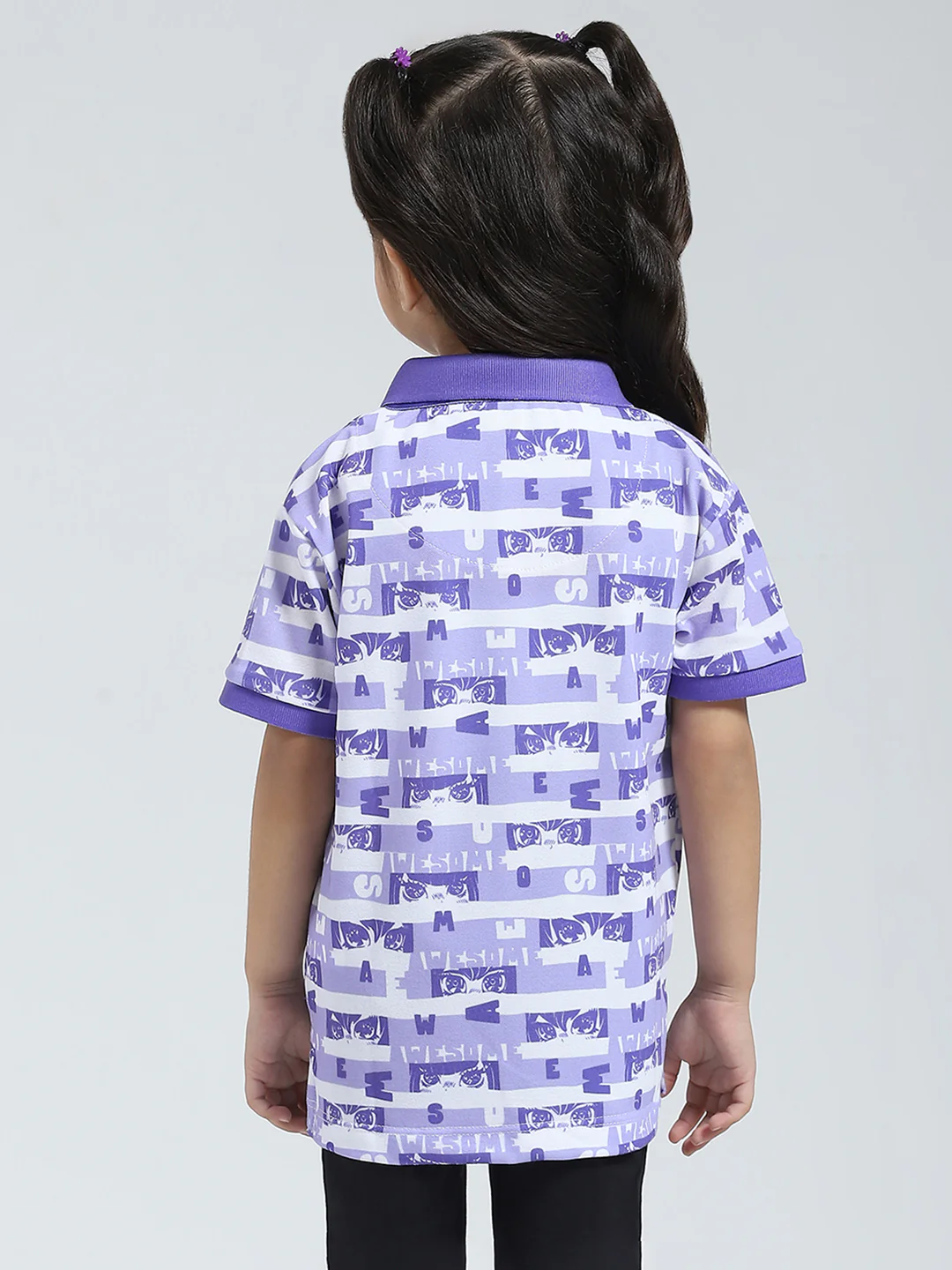 Girls Purple Printed Collar Half Sleeve T-Shirt - Image 5