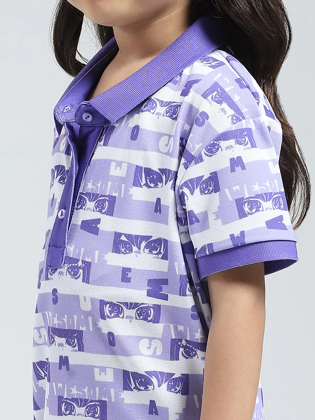 Girls Purple Printed Collar Half Sleeve T-Shirt - Image 6