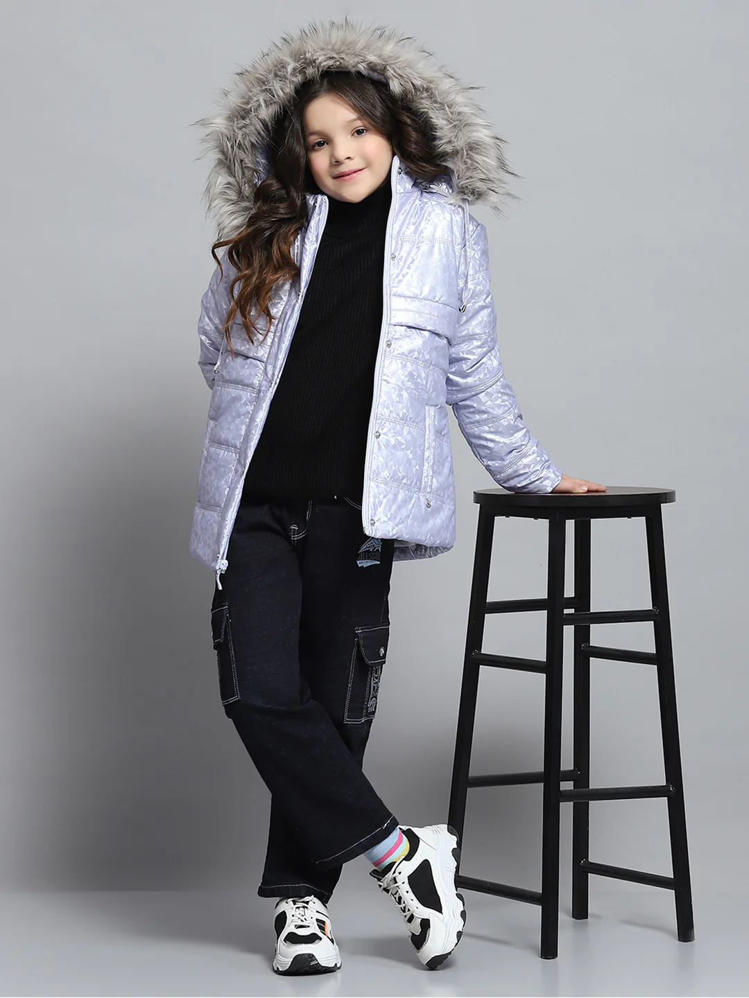 Girls Purple Printed Hooded Full Sleeve Jacket - Image 2