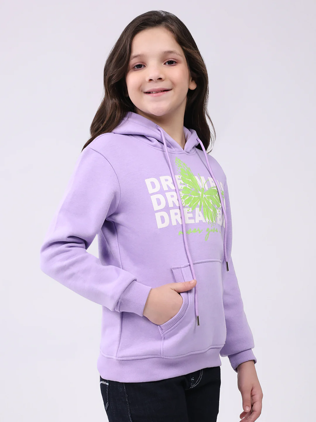 Girls Purple Printed Hooded Full Sleeve Sweatshirt - Image 4
