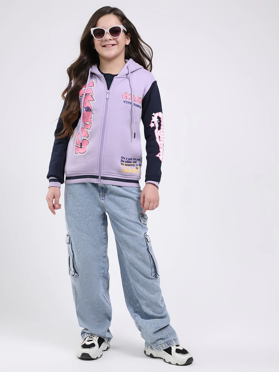 Girls Purple Printed Hooded Full Sleeve Sweatshirt - Image 2