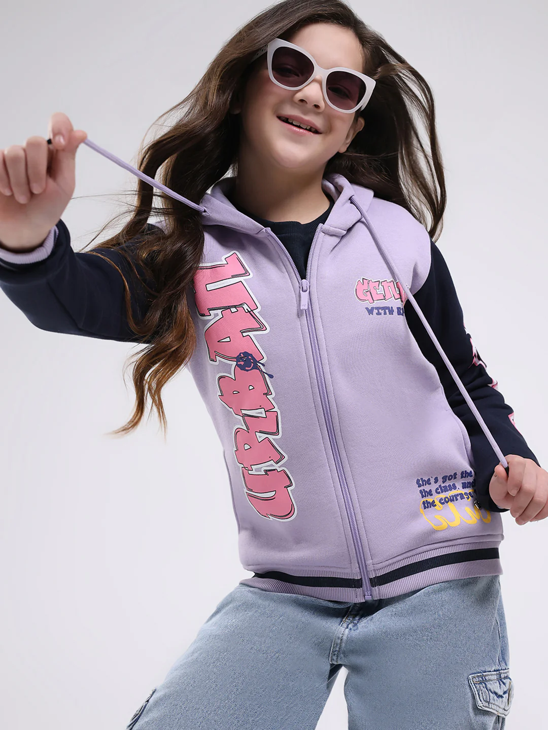 Girls Purple Printed Hooded Full Sleeve Sweatshirt - Image 6