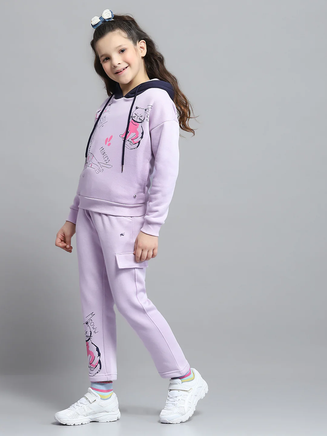 Girls Purple Printed Hooded Full Sleeve Tracksuit - Image 3