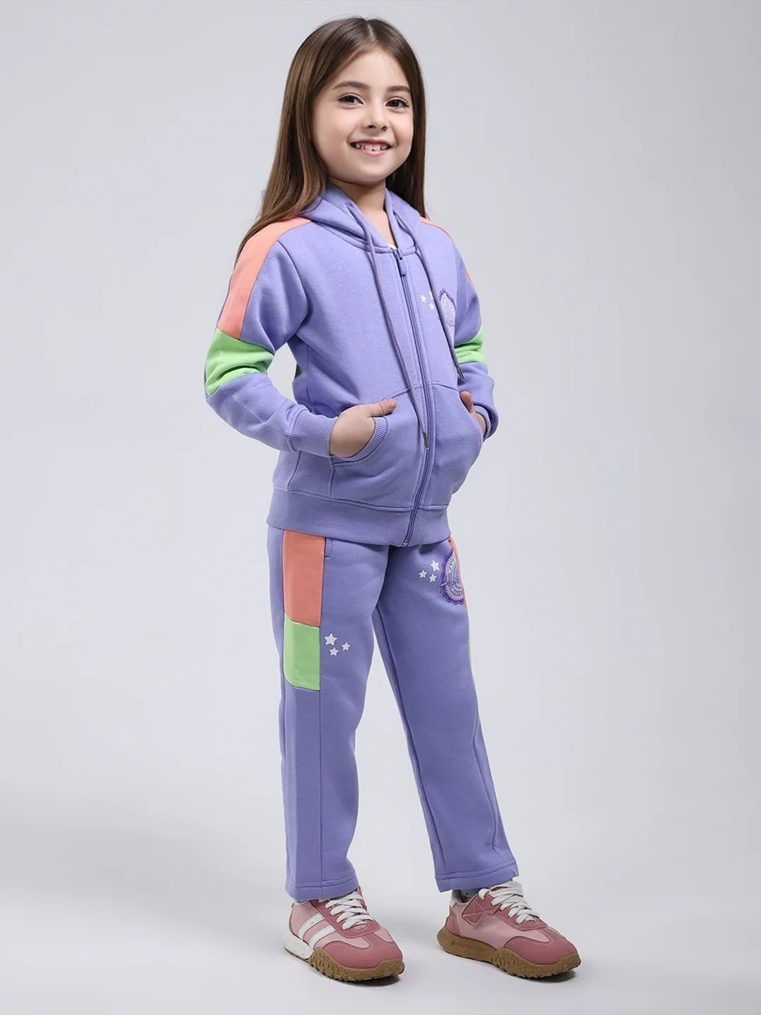 Girls Purple Printed Hooded Full Sleeve Tracksuit - Image 4