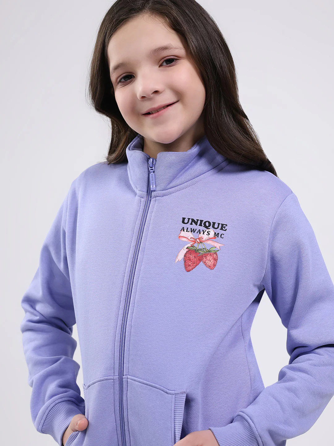 Girls Purple Printed Mock Neck Full Sleeve Sweatshirt - Image 6