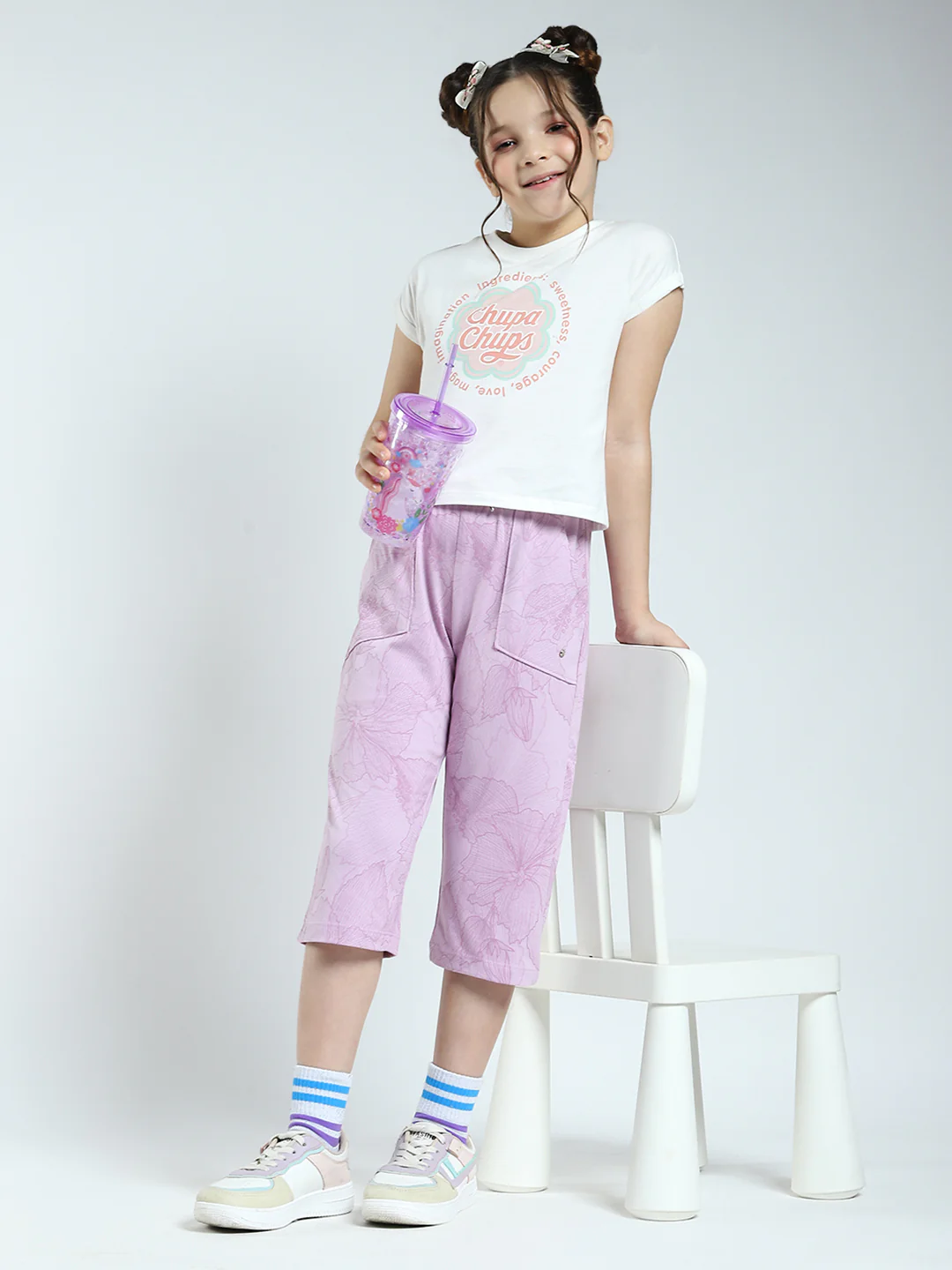 Girls Purple Printed Regular Fit Capri - Image 2