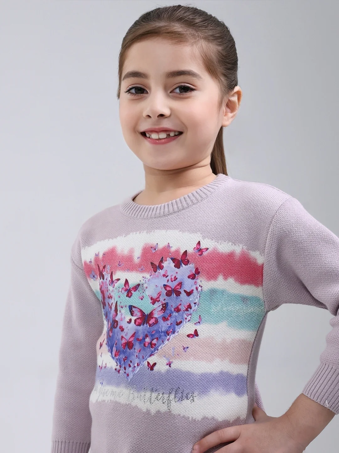 Girls Purple Printed Round Neck Full Sleeve Pullover - Image 6