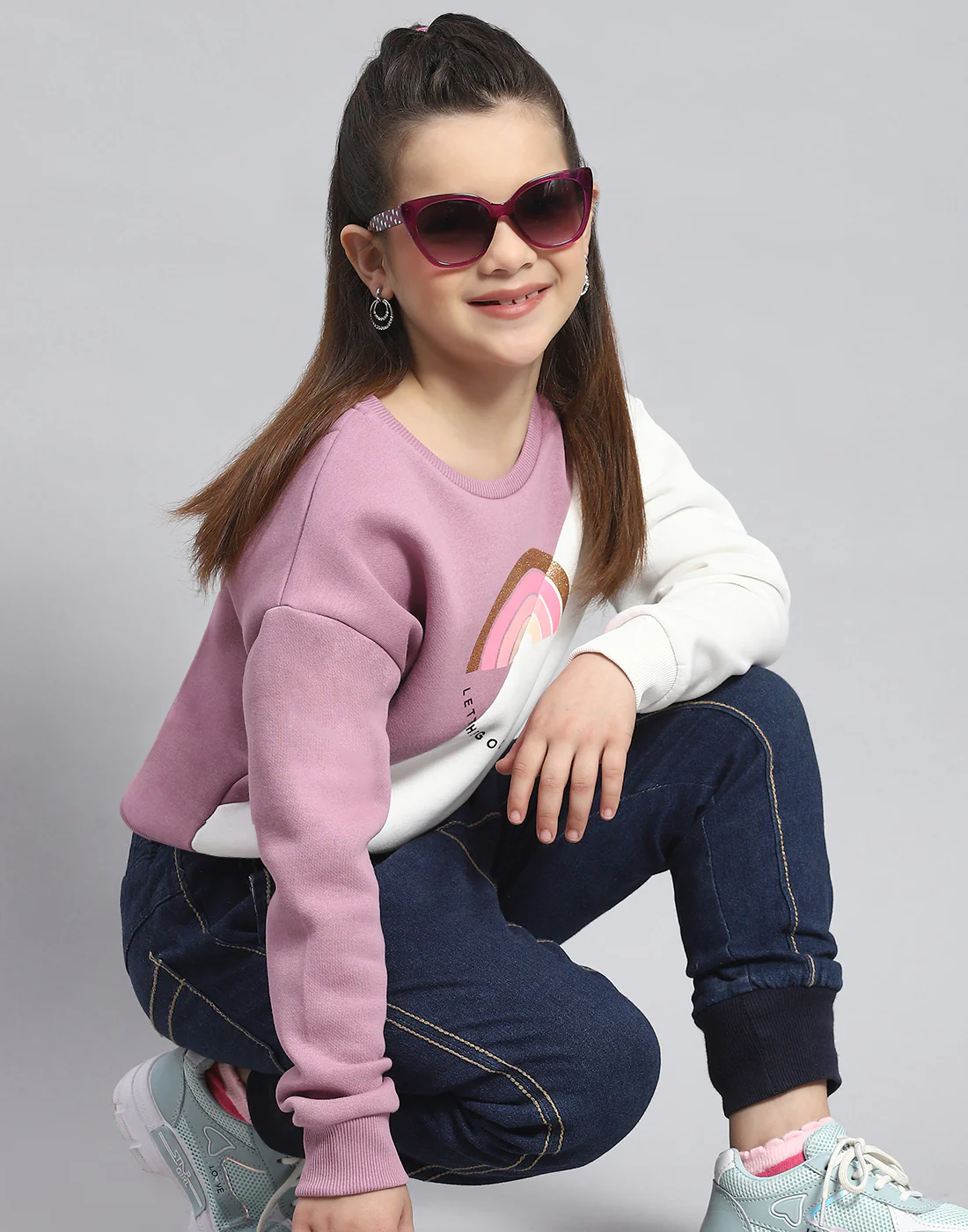 Girls Purple Printed Round Neck Full Sleeve Sweatshirt - Image 6