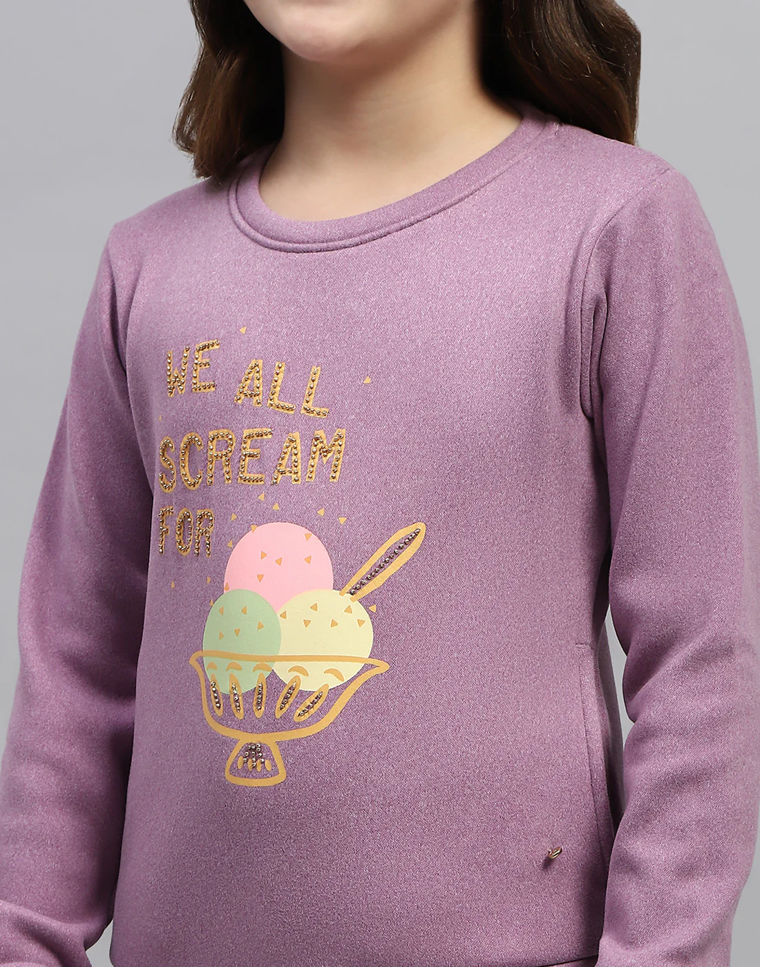 Girls Purple Printed Round Neck Full Sleeve Sweatshirt - Image 7