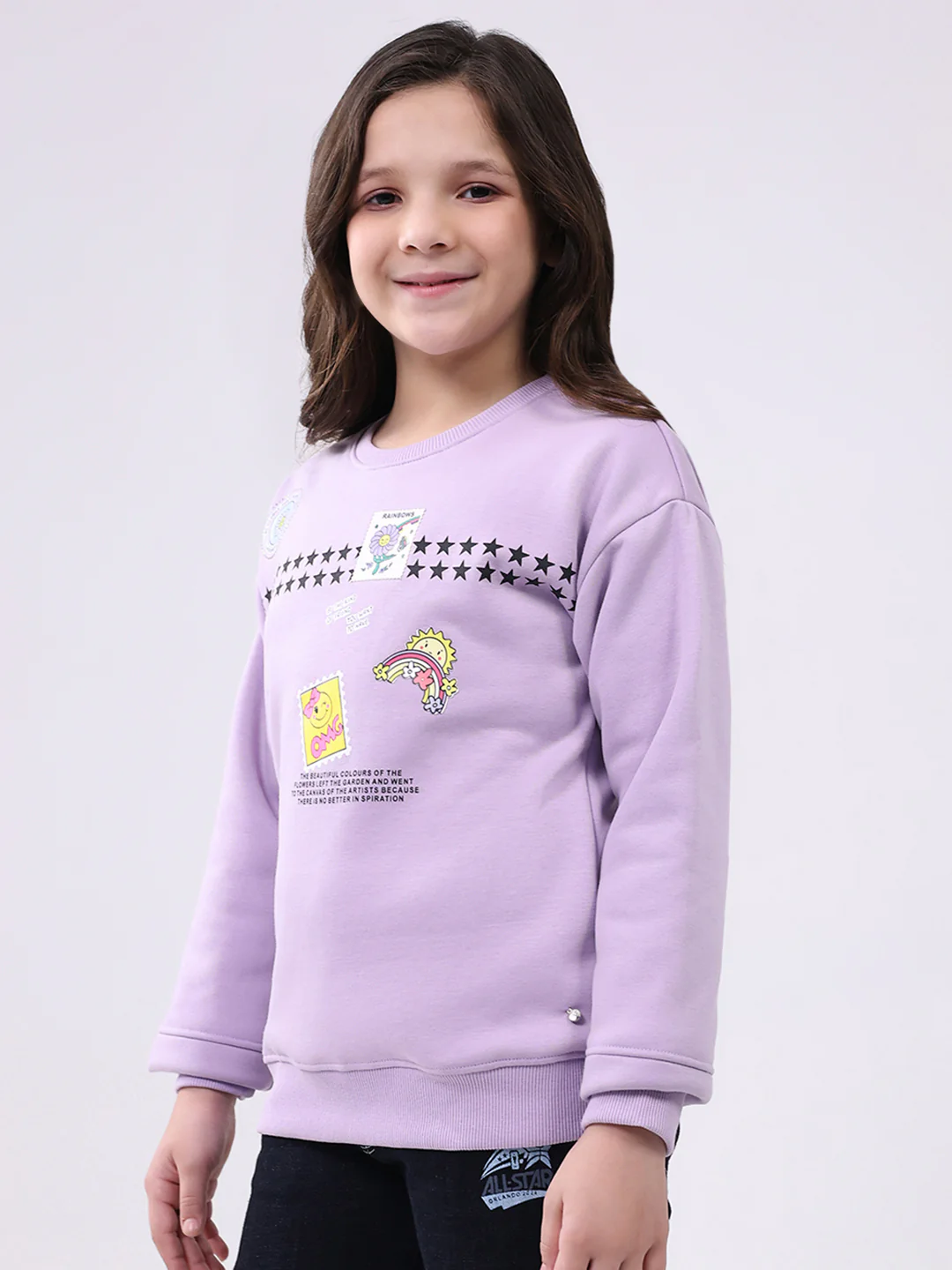 Girls Purple Printed Round Neck Full Sleeve Sweatshirt - Image 3