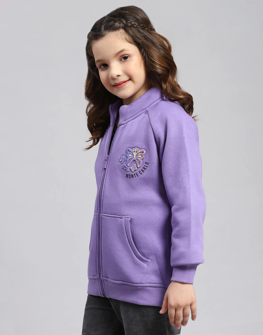 Girls Purple Printed Stand Collar Full Sleeve Sweatshirt - Image 4
