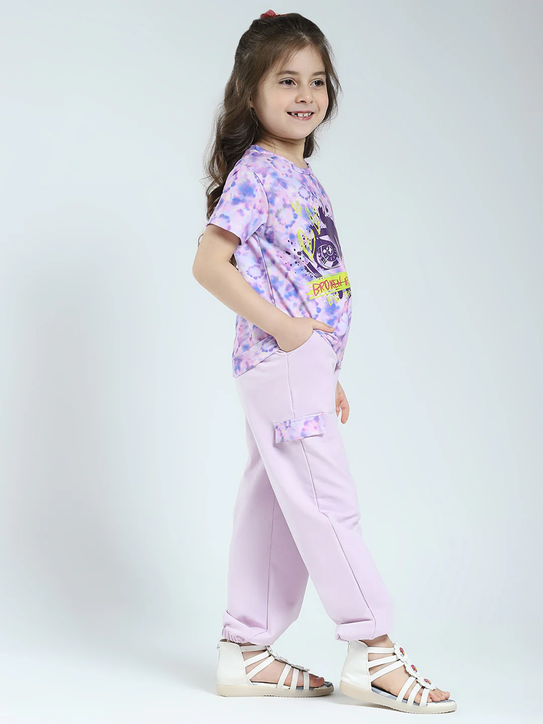 Girls Purple Printed Round Neck Half Sleeve Lower Set - Image 4