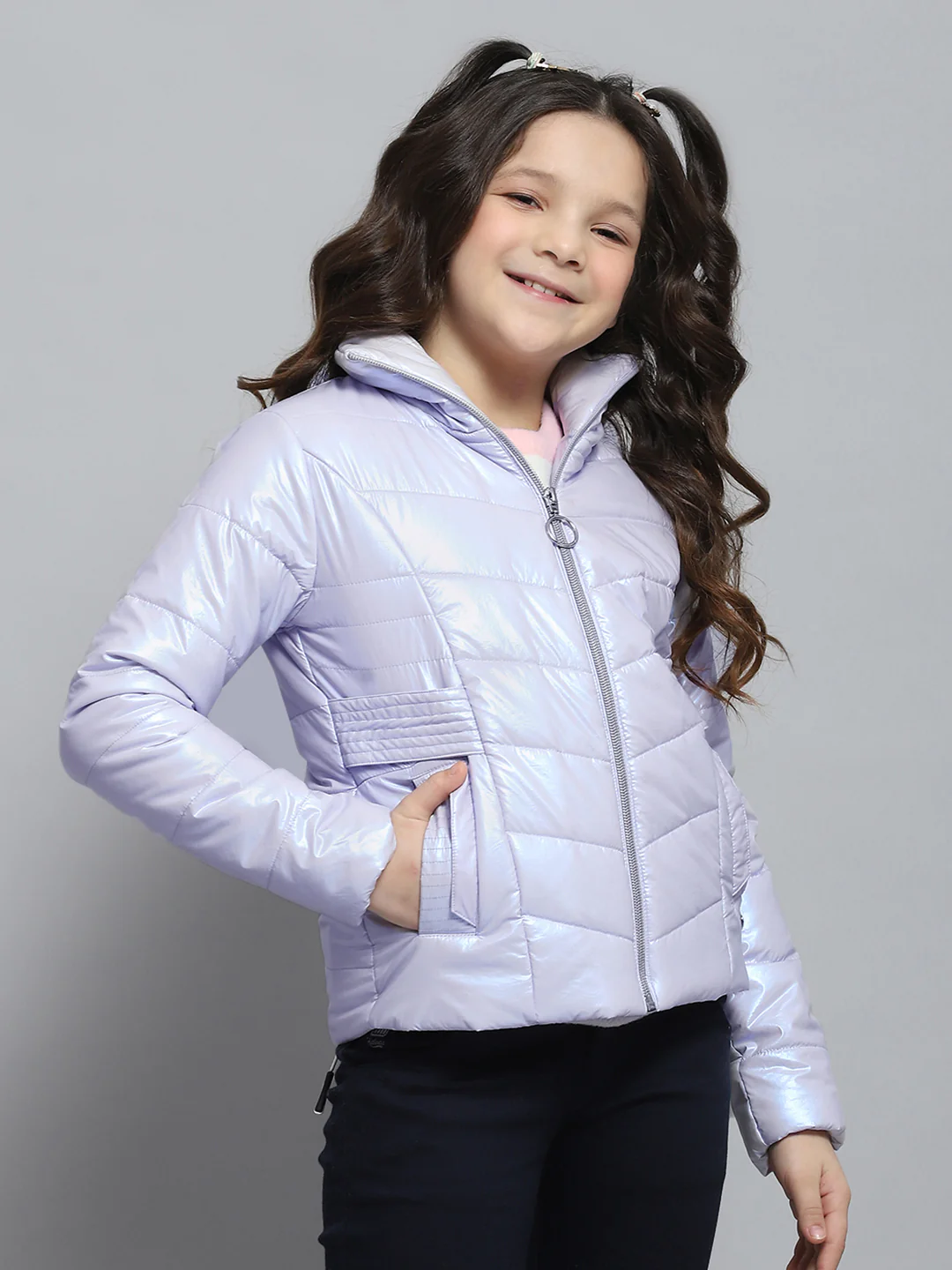 Girls Purple Self Design Collar Full Sleeve Jacket - Image 4