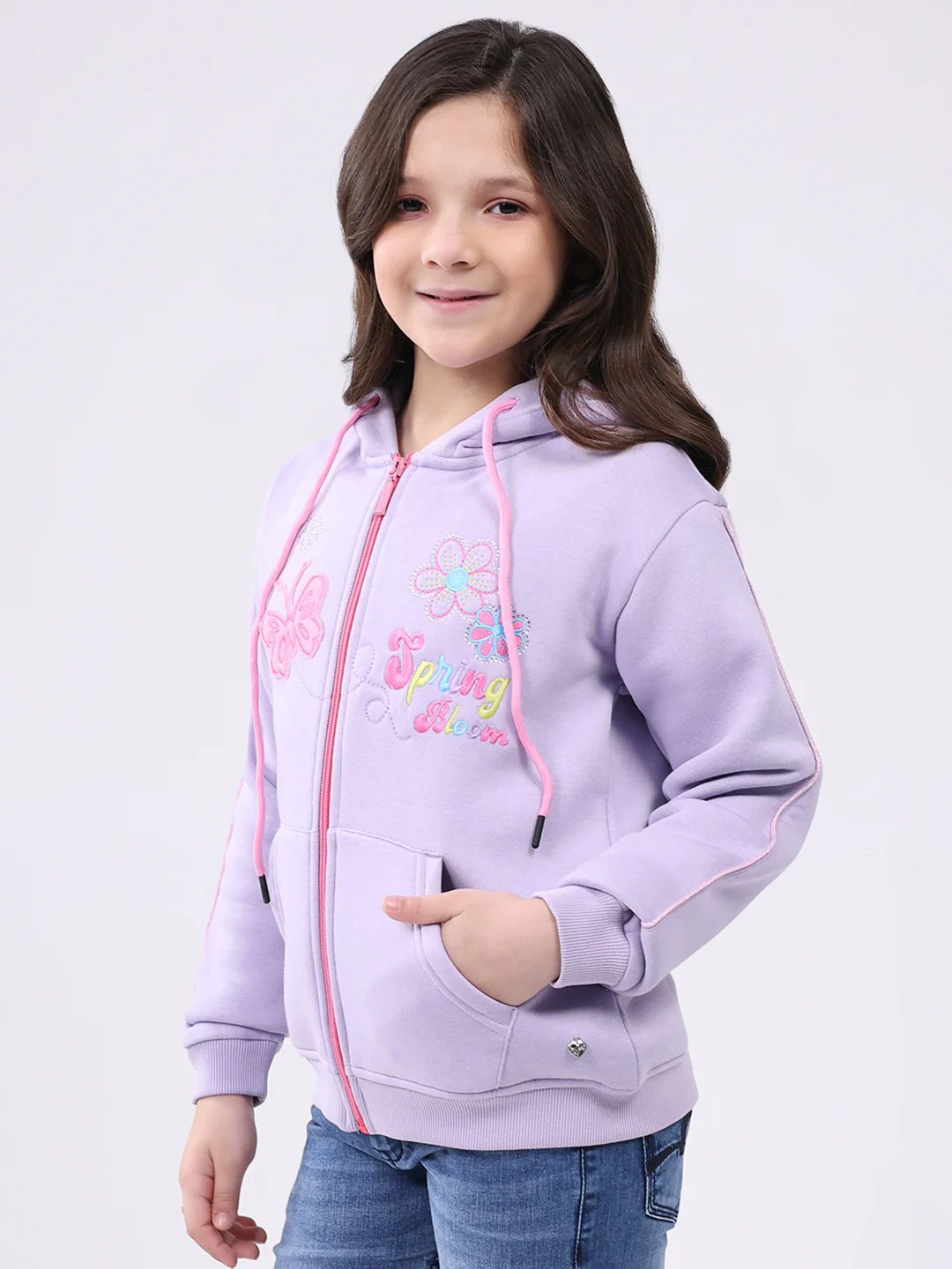 Girls Purple Self Design Hooded Full Sleeve Sweatshirt - Image 3