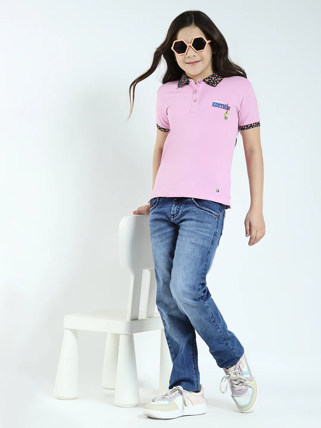 Girls Purple Solid Collar Half Sleeve T-Shirt - Image 2