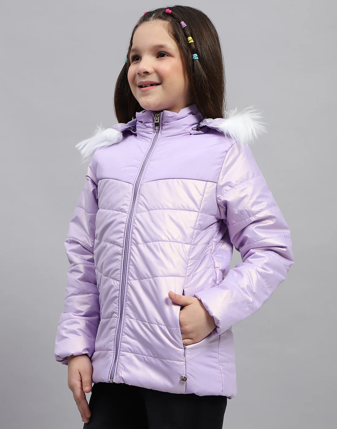 Girls Purple Solid Hooded Full Sleeve Jacket - Image 3