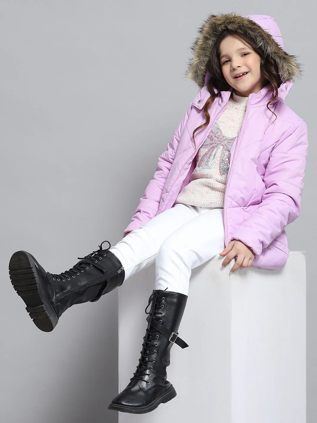 Girls Purple Solid Hooded Full Sleeve Jacket - Image 2