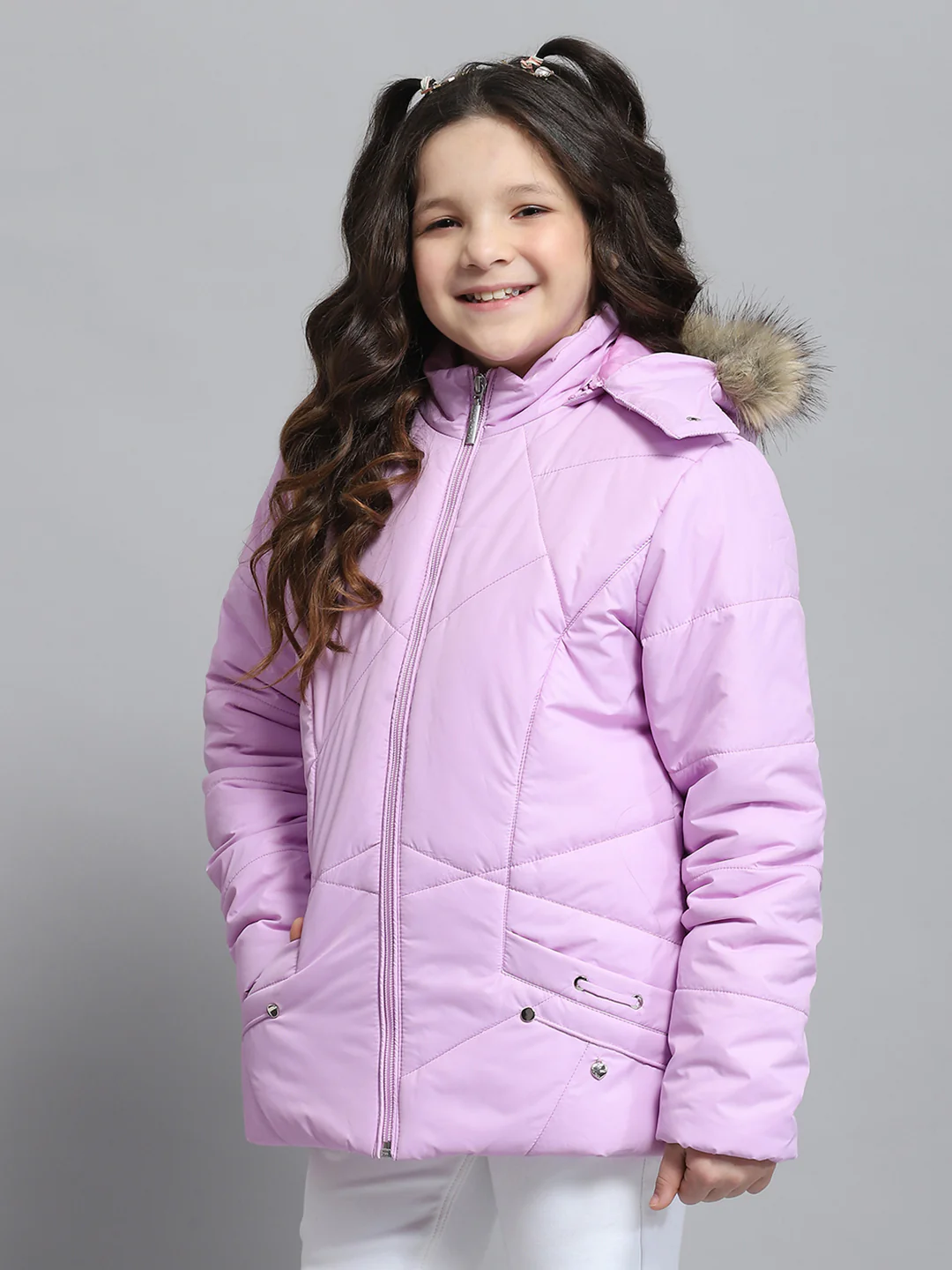 Girls Purple Solid Hooded Full Sleeve Jacket - Image 3