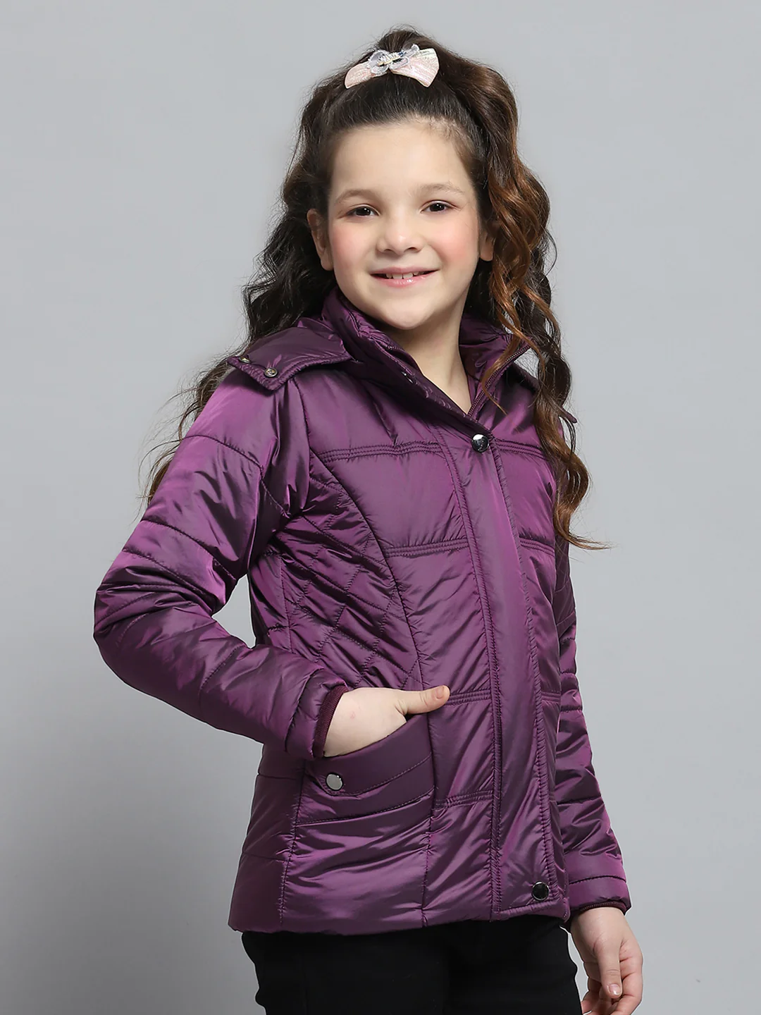 Girls Purple Solid Hooded Full Sleeve Jacket - Image 4