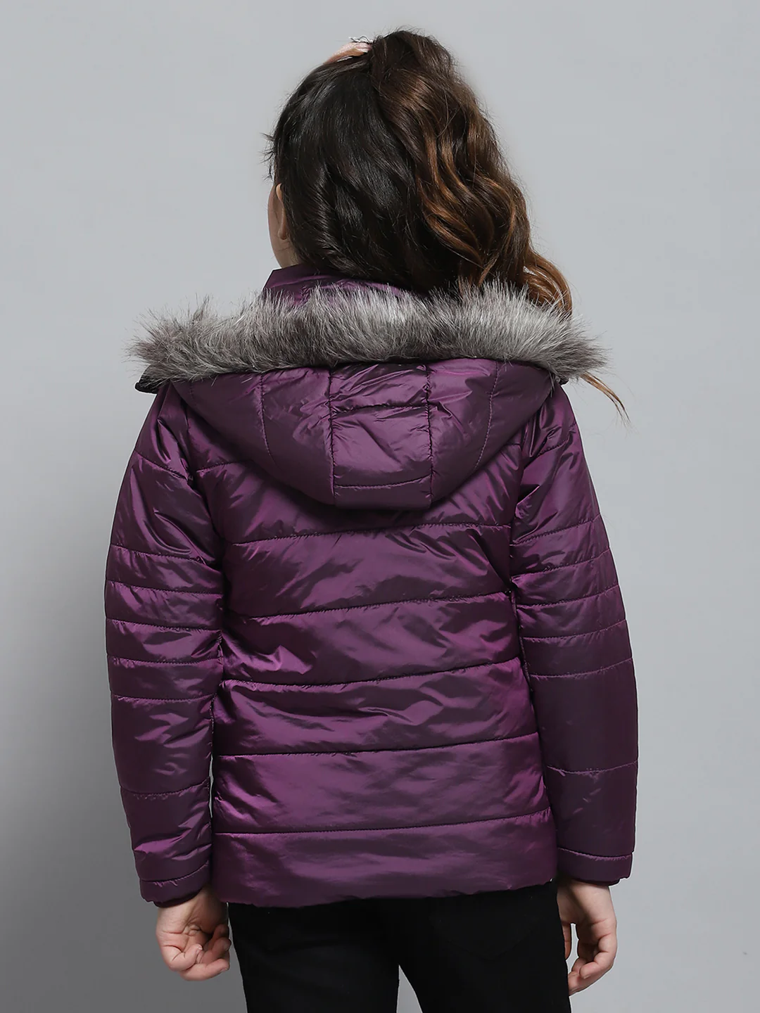 Girls Purple Solid Hooded Full Sleeve Jacket - Image 5