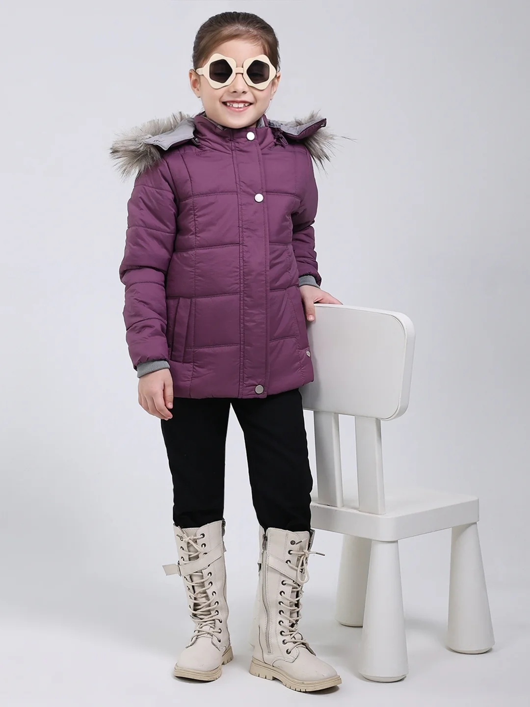 Girls Purple Solid Hooded Full Sleeve Jacket - Image 2