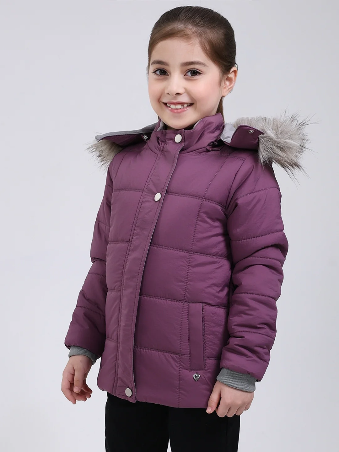 Girls Purple Solid Hooded Full Sleeve Jacket - Image 3