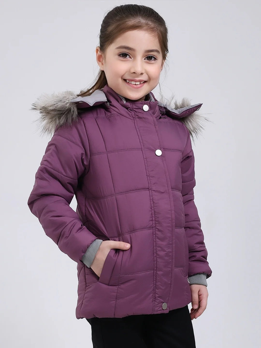 Girls Purple Solid Hooded Full Sleeve Jacket - Image 4