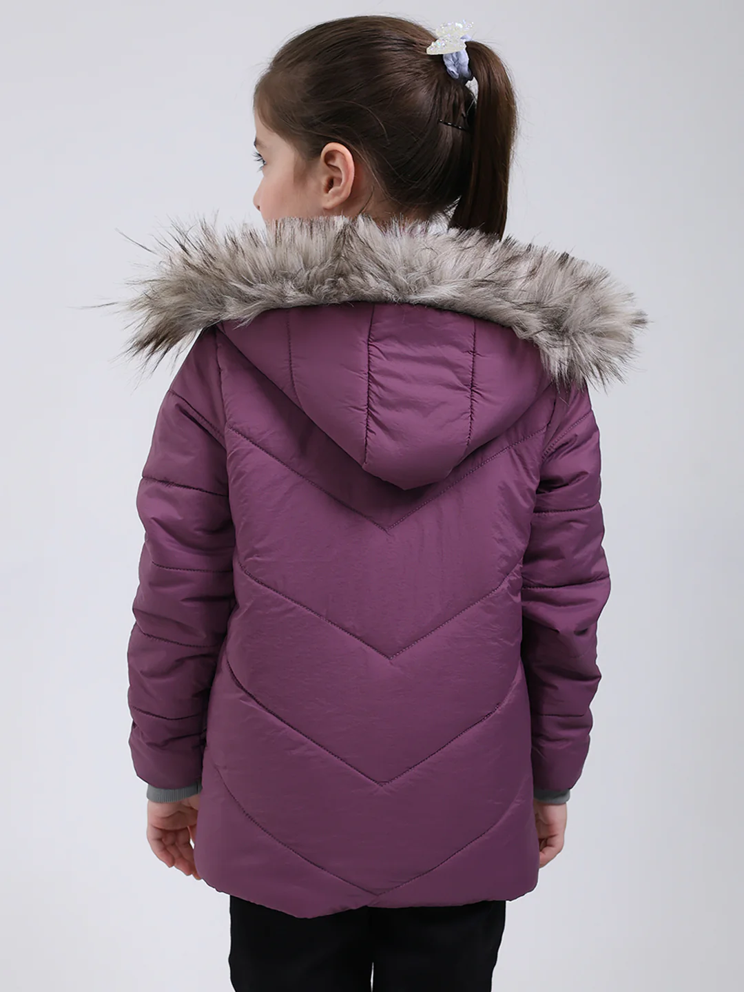 Girls Purple Solid Hooded Full Sleeve Jacket - Image 5