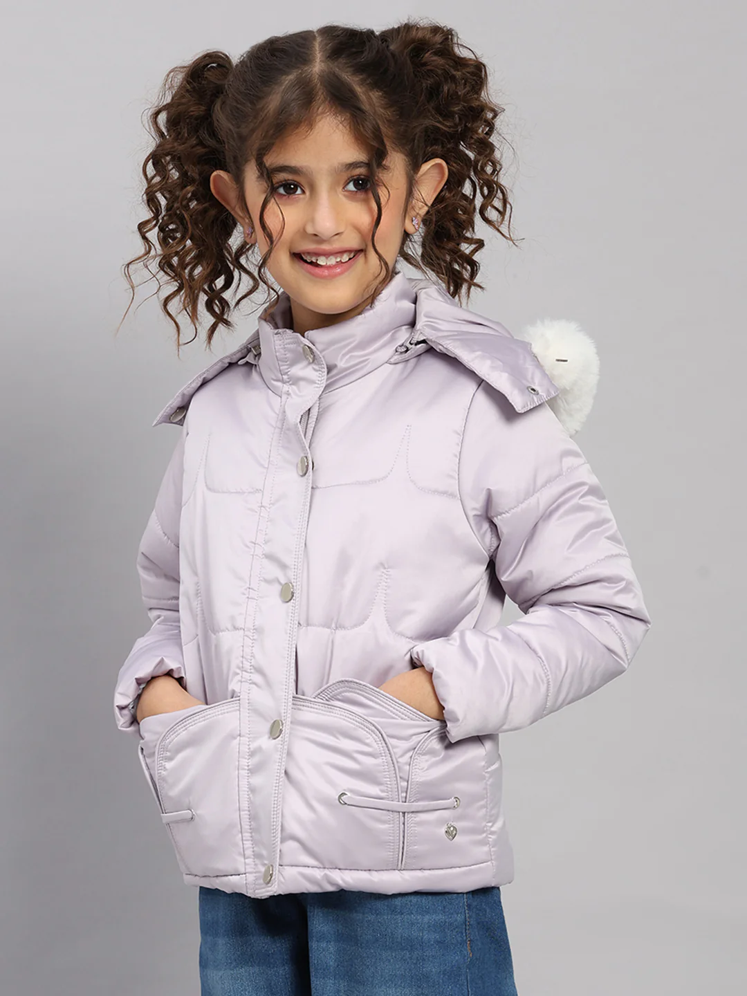 Girls Purple Solid Hooded Full Sleeve Jacket - Image 3