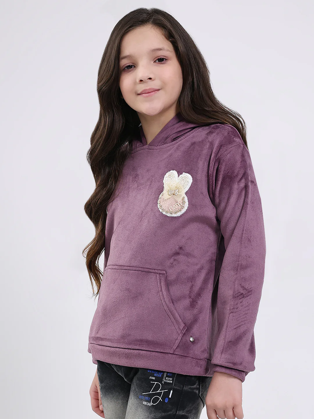 Girls Purple Solid Hooded Full Sleeve Sweatshirt - Image 3