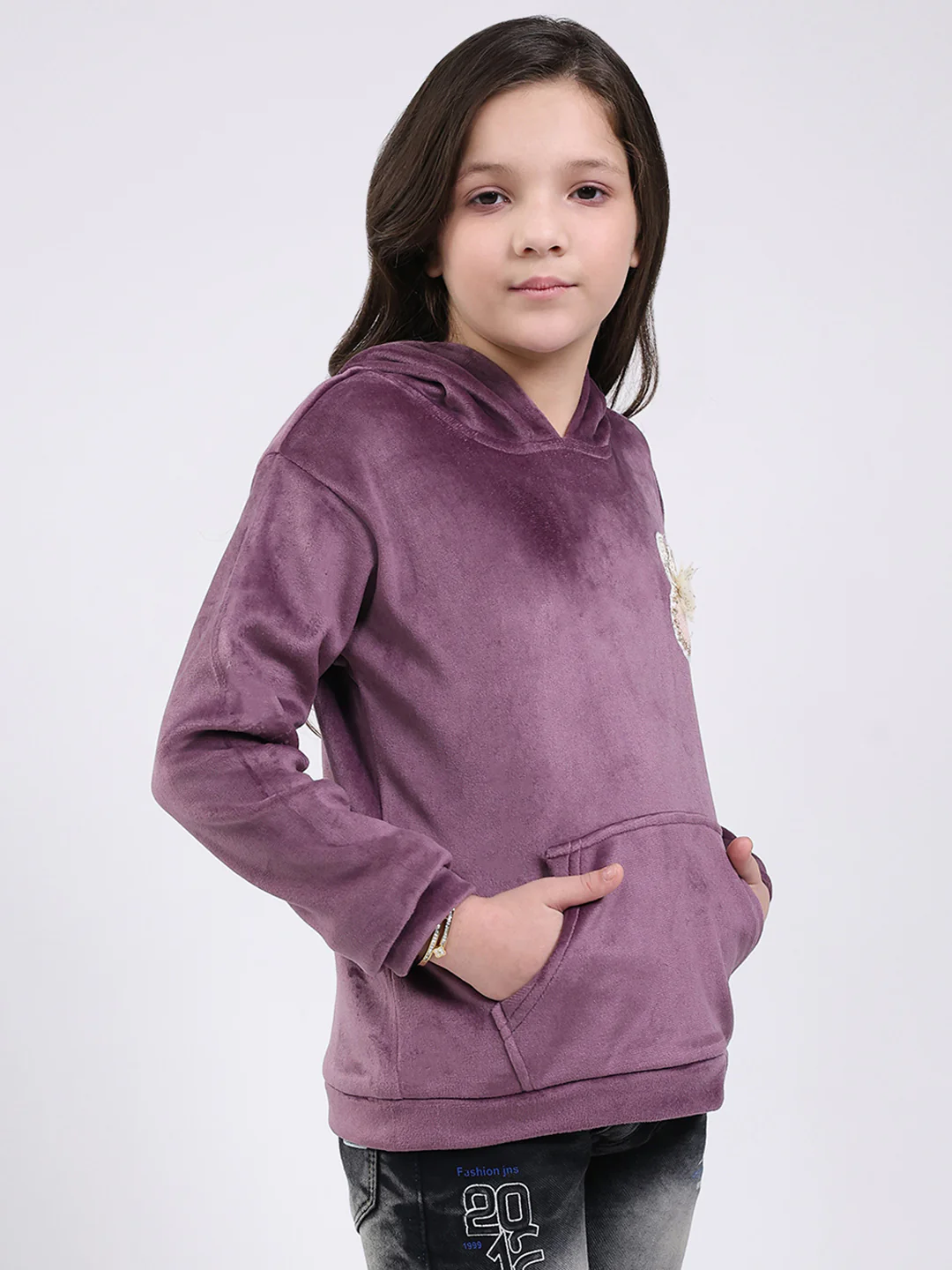 Girls Purple Solid Hooded Full Sleeve Sweatshirt - Image 4