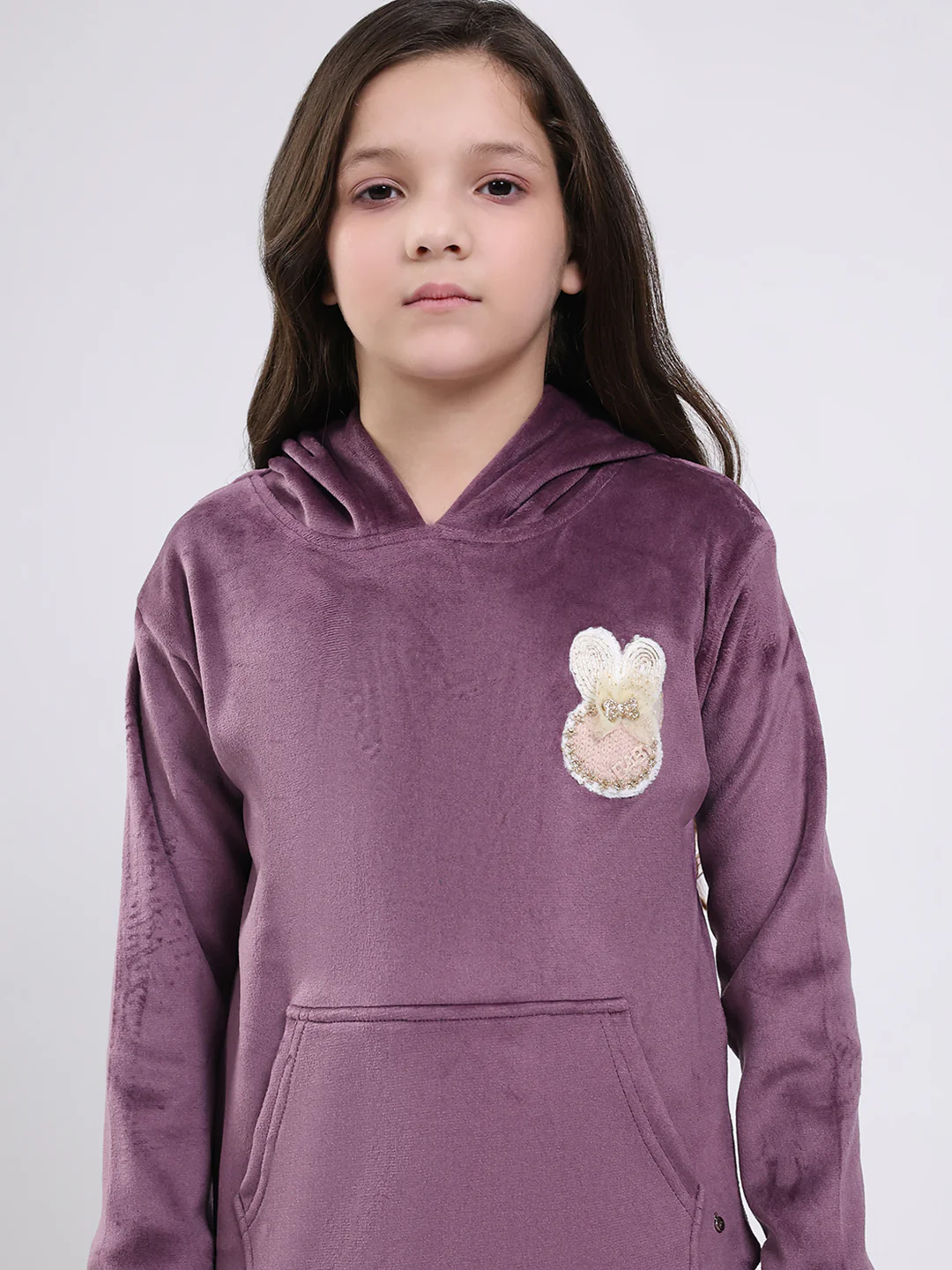 Girls Purple Solid Hooded Full Sleeve Sweatshirt - Image 6