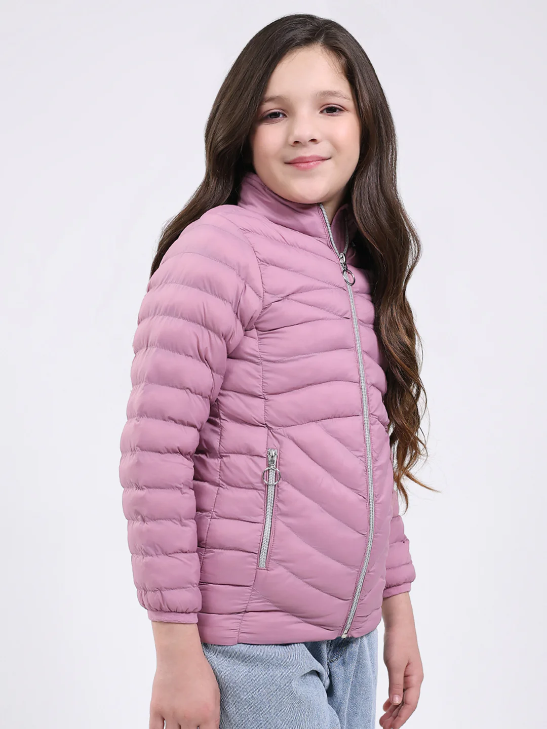 Girls Purple Solid Mock Neck Full Sleeve Jacket - Image 4