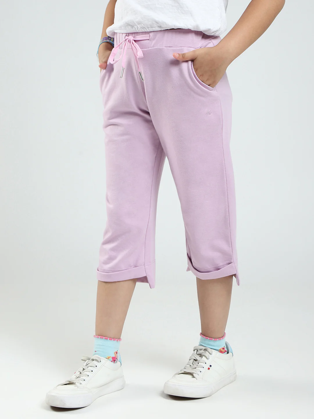 Girls Purple Solid Regular Fit Capri - Image 3
