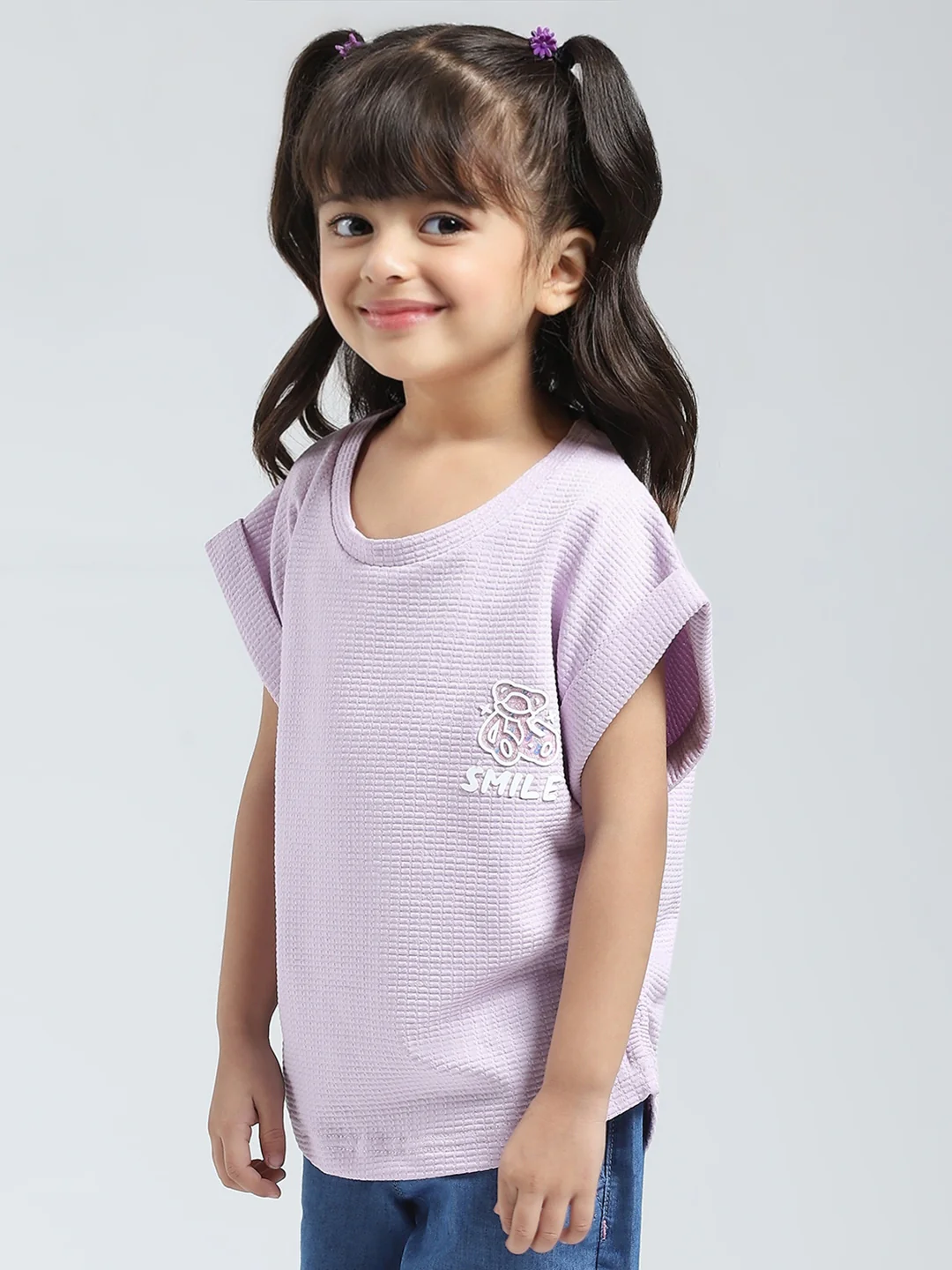 Girls Purple Solid Round Neck Half Sleeve Top - Image 3